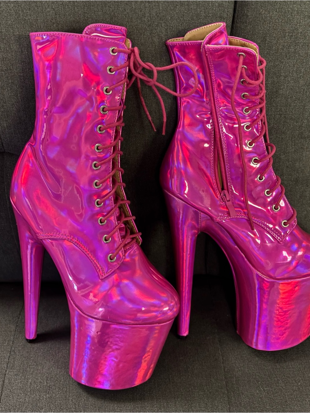 Holographic Hot Pink Platform Lace-Up Ankle Boots